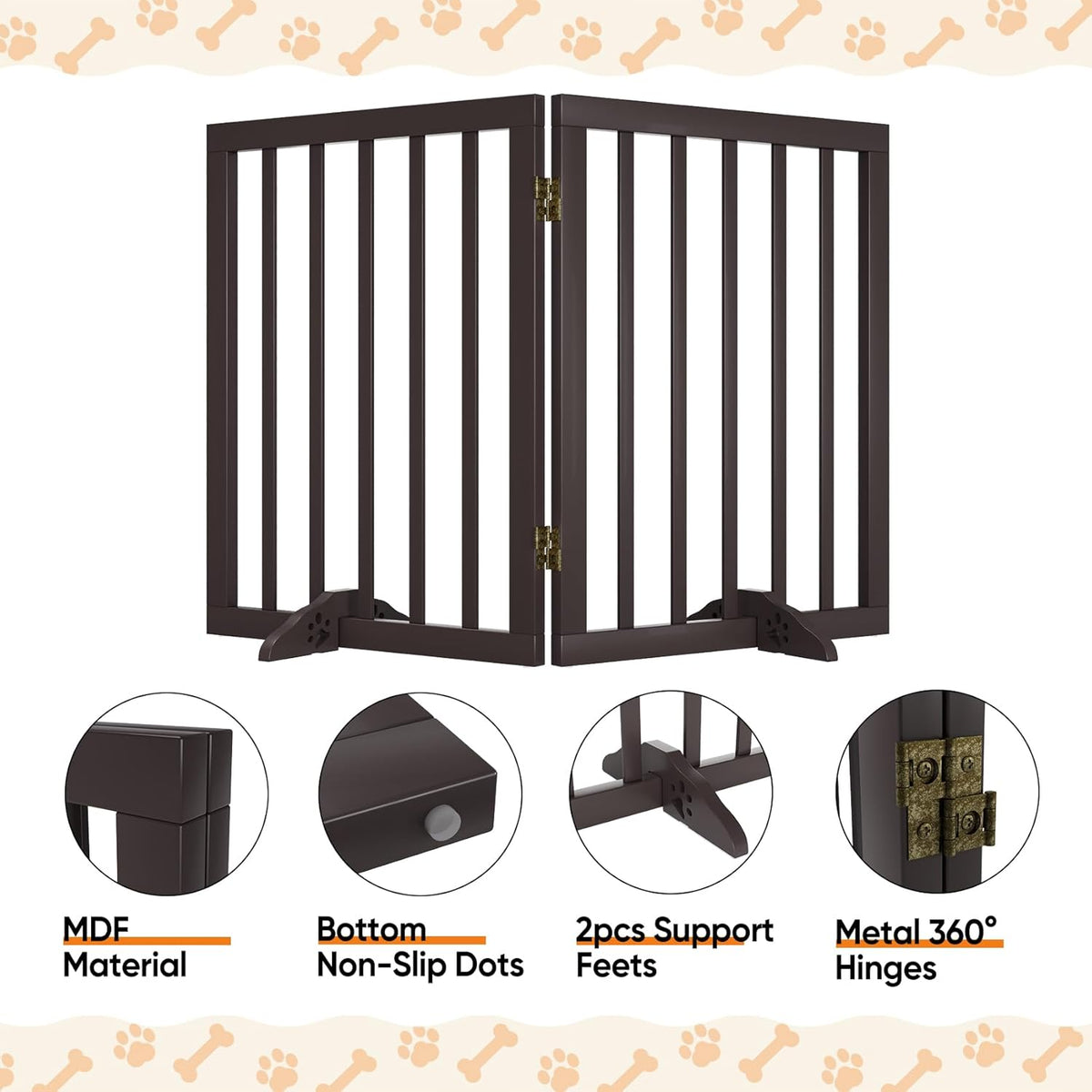 Freestanding Foldable Dog Gate 2 Panel,Fully Assembled Dog Gates for Doorways, Wooden Pet Gates for
