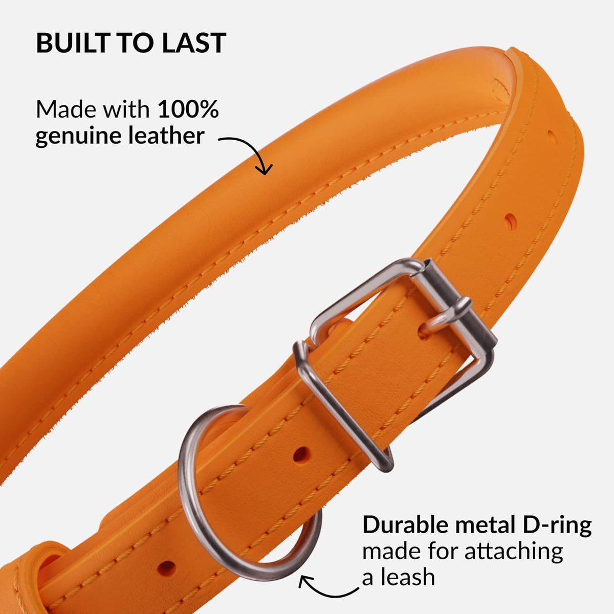 CollarDirect Rolled Leather Dog Collar, Soft Padded Round Puppy Collar, Handmade Genuine Leather