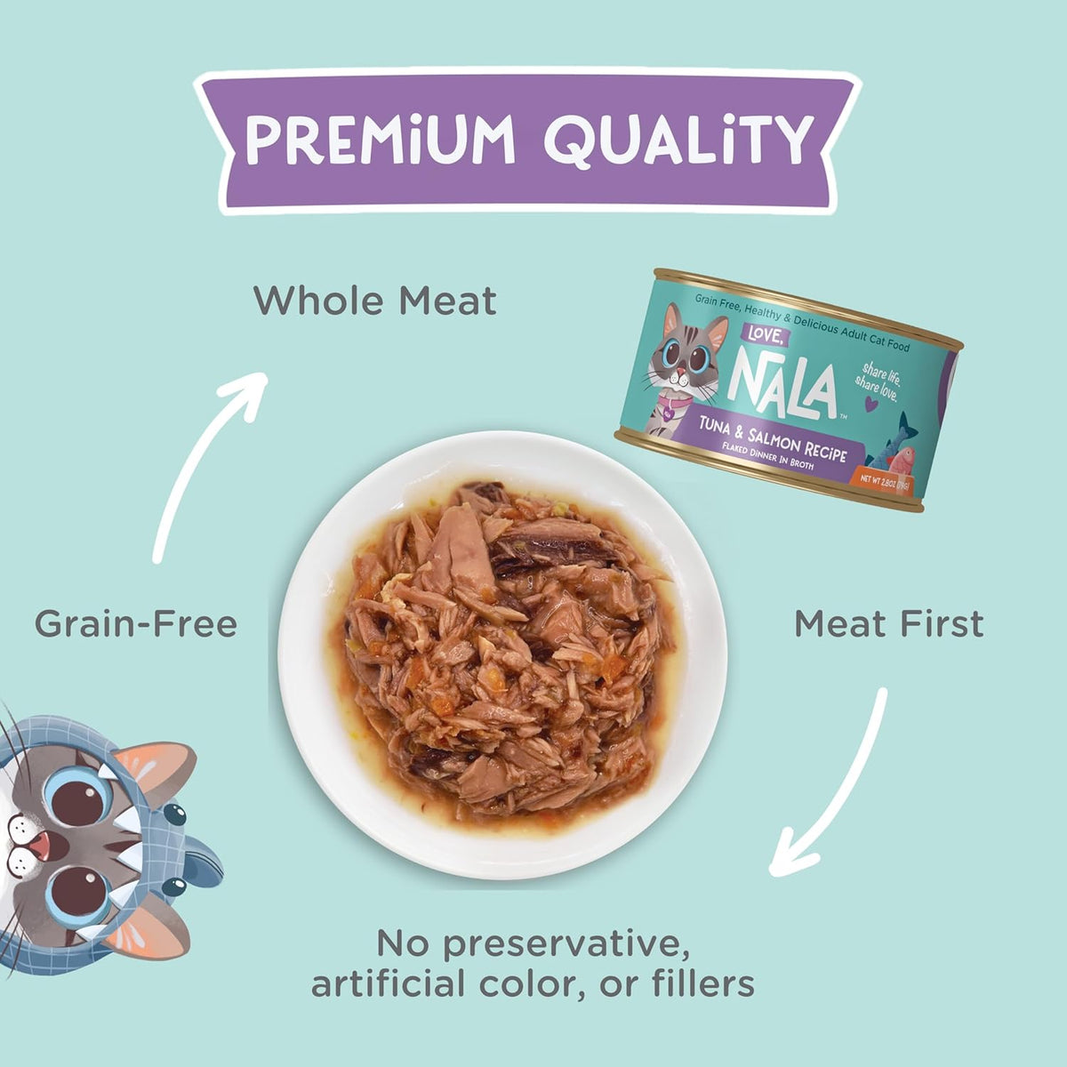 LOVE, NALA - Natural Adult Cat Wet Food - FLAKED Tuna and Salmon in Broth- Grain Free, Non-GMO