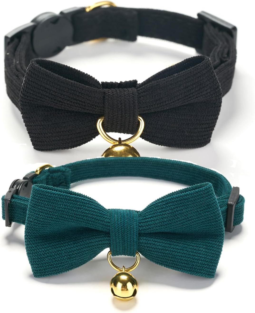 2 Pack Soft Corduroy Cat Collars with Bow Tie & Bell, Adjustable Breakaway Cotton Kitty Bowtie