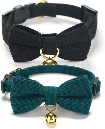 2 Pack Soft Corduroy Cat Collars with Bow Tie & Bell, Adjustable Breakaway Cotton Kitty Bowtie