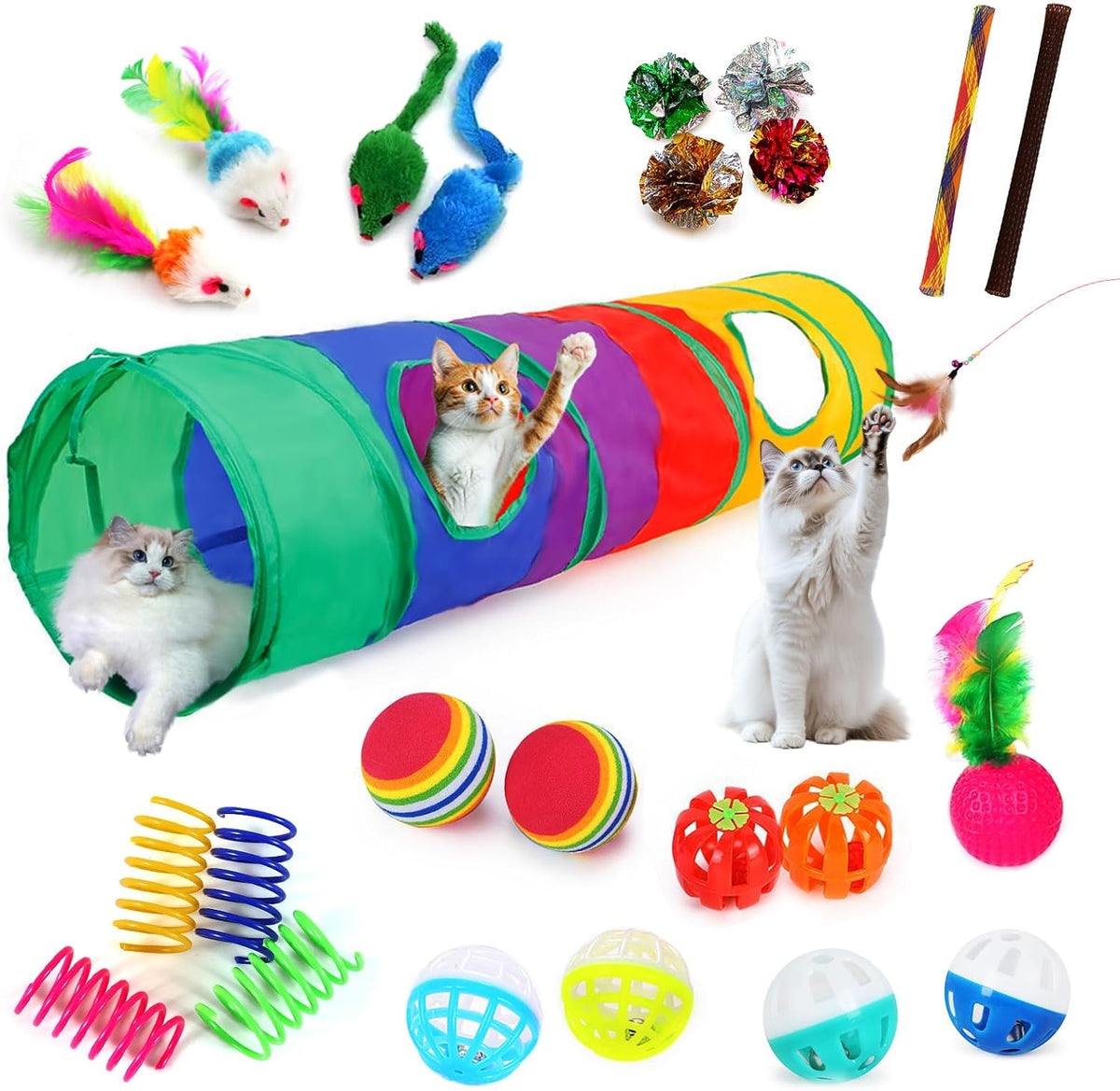 iCAGY 25-Piece Cat Toys Kit with Rainbow Tunnel - Interactive Cat Toy Bundle for Indoor Cats