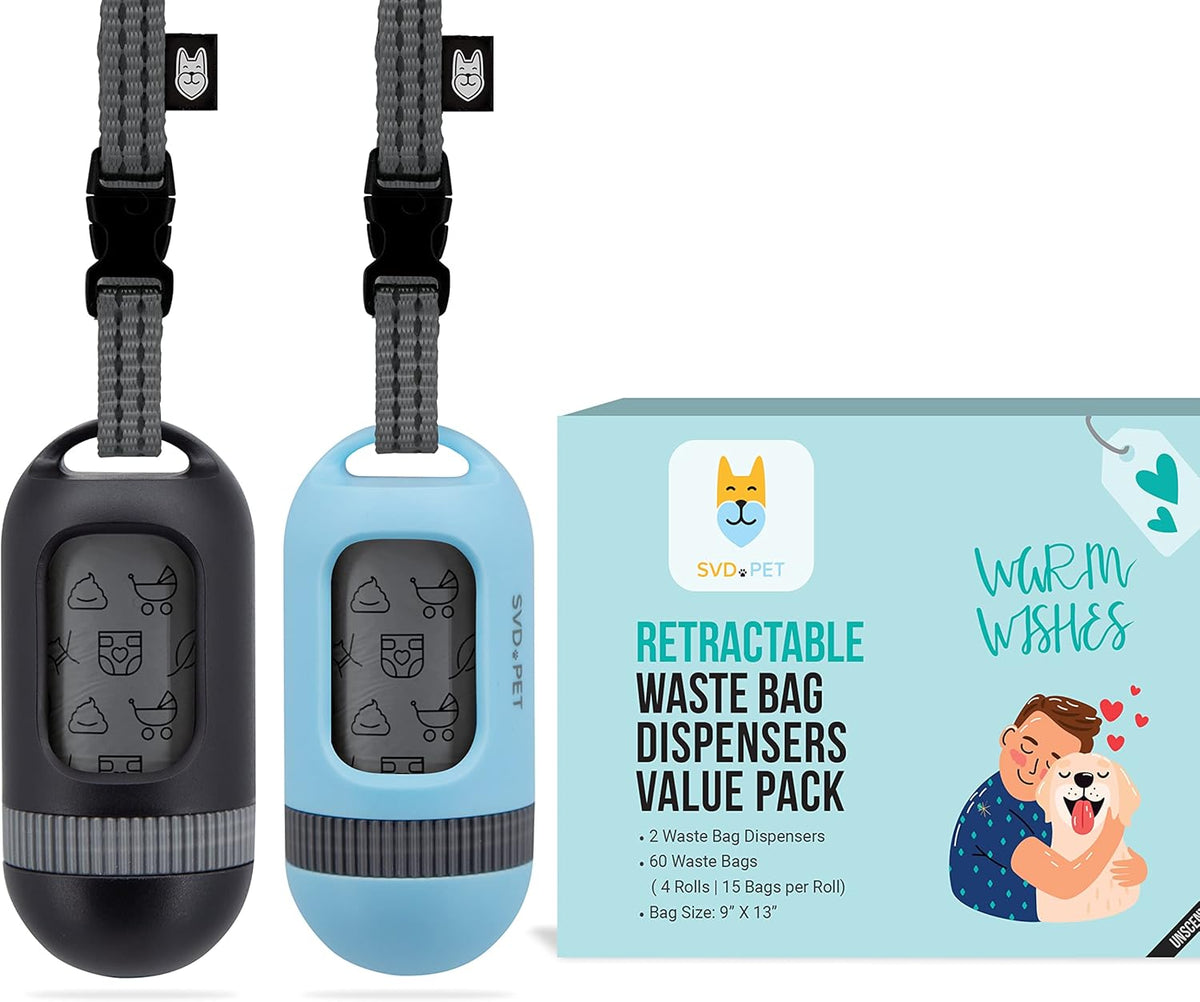 SVD.PET [2-Pack] Retractable Waste Bag Dispensers Gift Set, 2 Pet Waste Bag Holders with 60 large