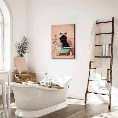 Cat Bathroom Wall Decor Black Cat Reading Newspaper in Bathtub Canvas Wall Art Funny Bathroom