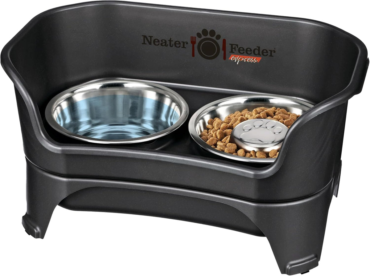 Neater Feeder - Express Model w/ Slow Feed Bowl - Mess-Proof Dog Bowls (M/L, Black) Made in USA