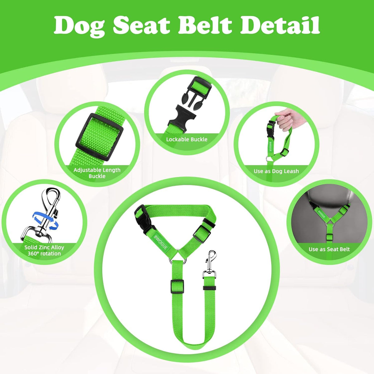 BWOGUE 2 Packs Dog Cat Safety Seat Belt Strap Car Headrest Restraint Adjustable Nylon Fabric Dog