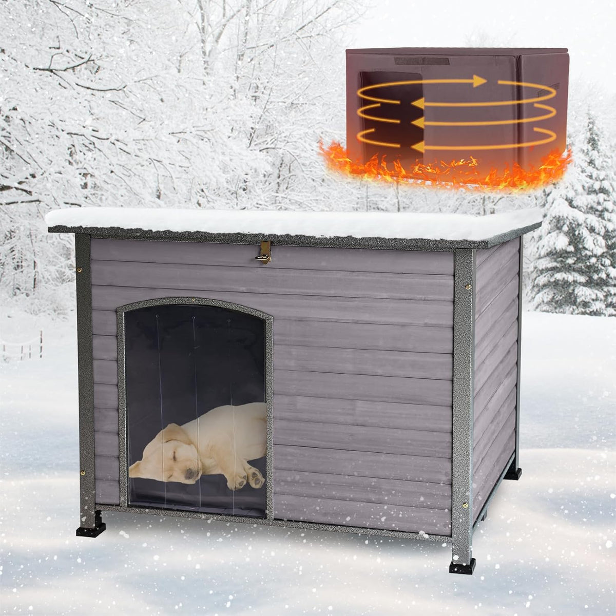 Feral Dog House Outdoor,Anti Bite Iron Frame Dog Kennel,Wood Warm Pets Home,Insulated Weatherproof