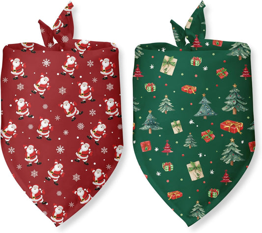 Christmas Dog Bandana 2 Pack Holiday Dog Bandana Christmas Tree Santa Claus Snowflakes Pet Scarf