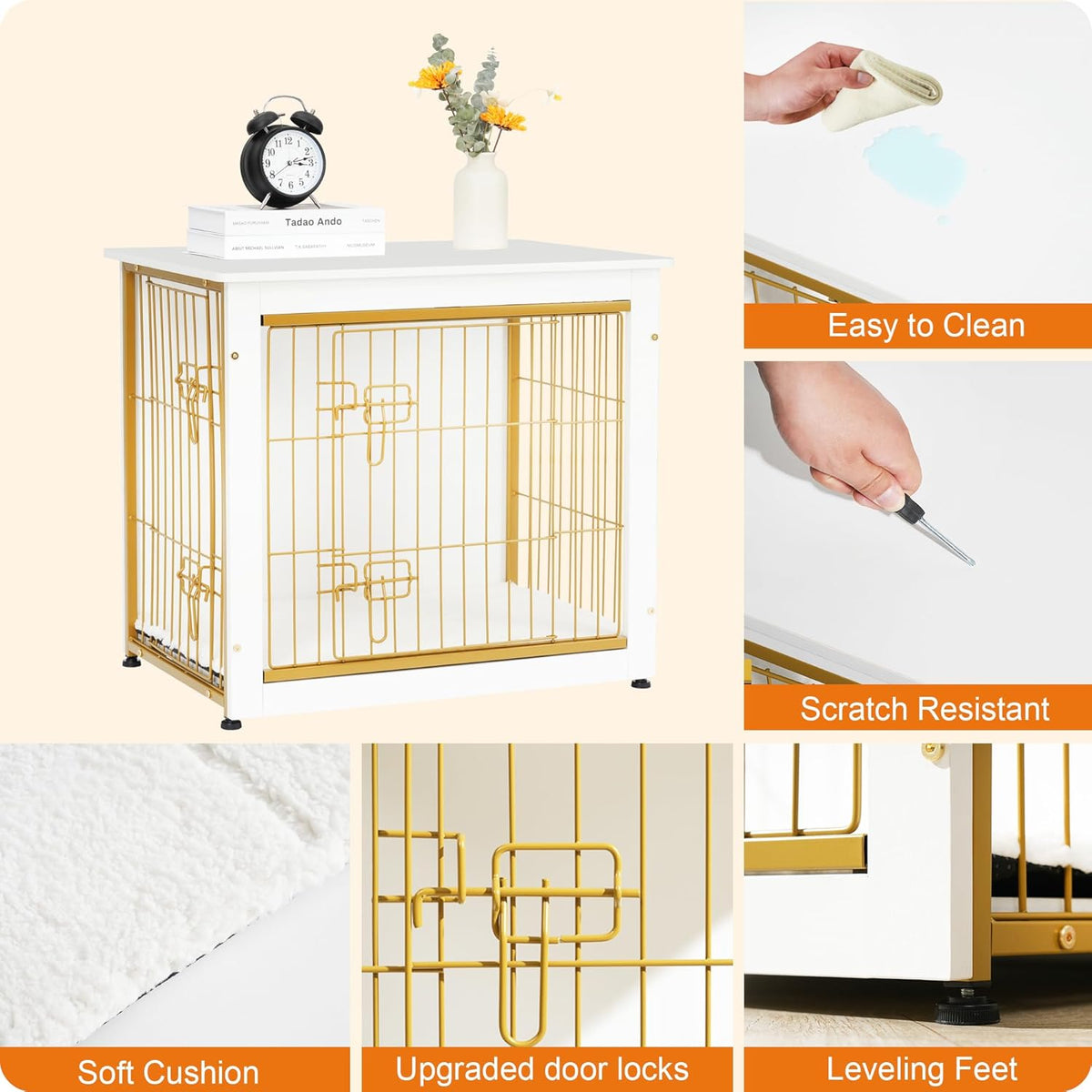 DWANTON Dog Crate Furniture with Cushion, Wooden Kennel Table with Double Doors, Indoor Dog House