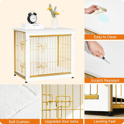 DWANTON Dog Crate Furniture with Cushion, Wooden Kennel Table with Double Doors, Indoor Dog House