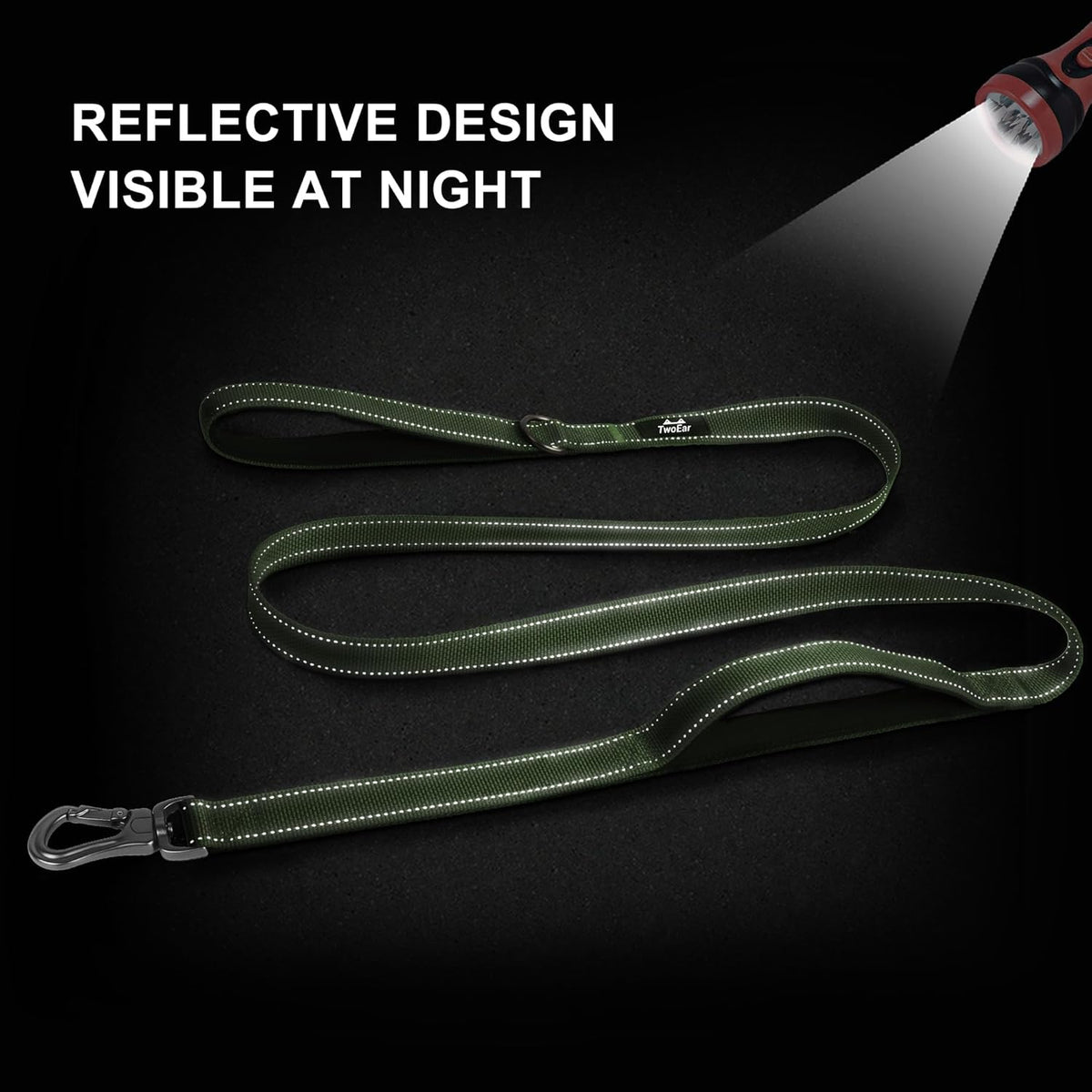 TwoEar 5FT 1IN Strong Green Dog Leash with 2 Padded Handles, Traffic Handle Extra Control
