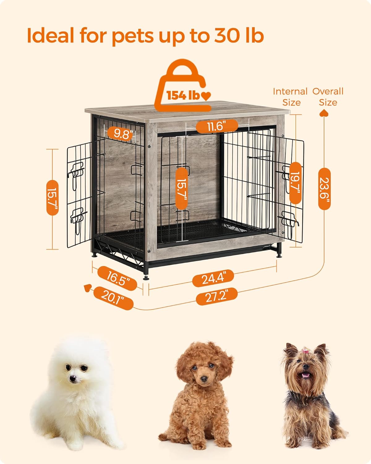 Feandrea Dog Crate Furniture, 27.2" Side End Table, Modern Kennel for Dogs Indoor up to 30 lb
