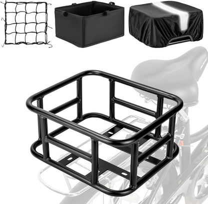 Bike Basket Rear with Liner,Waterproof Cover,Cargo Net Large Rear Bike Basket,Heavy Duty Bicycle