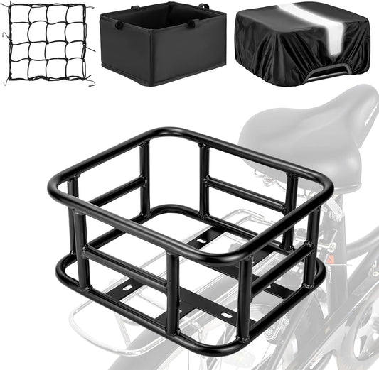 Bike Basket Rear with Liner,Waterproof Cover,Cargo Net Large Rear Bike Basket,Heavy Duty Bicycle