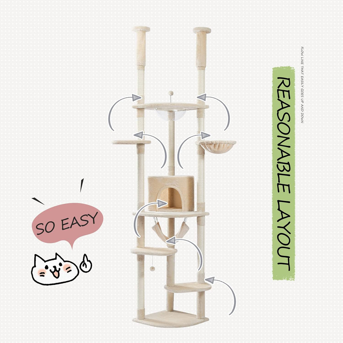 PEQULTI Floor to Ceiling Cat Tree 92.9’’-101.6’’ Height Adjustable Cat Tower Tall Kitty Climbing