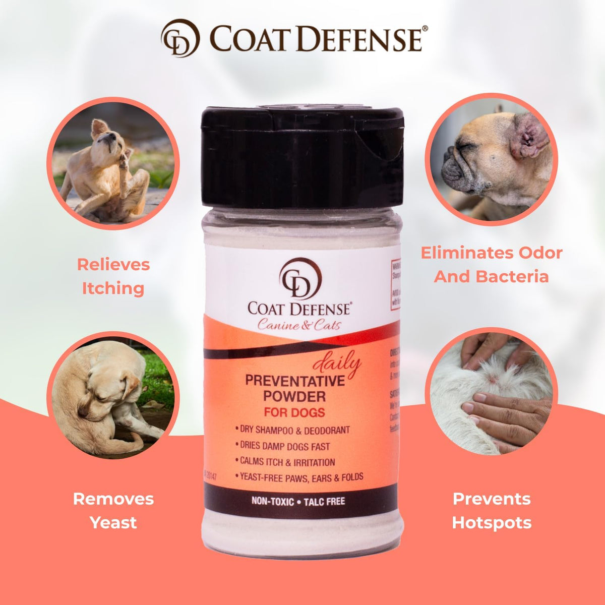 COAT DEFENSE Preventative Powder | Made in USA | 3.5oz Waterless Dog Shampoo & Pet Deodorizer for