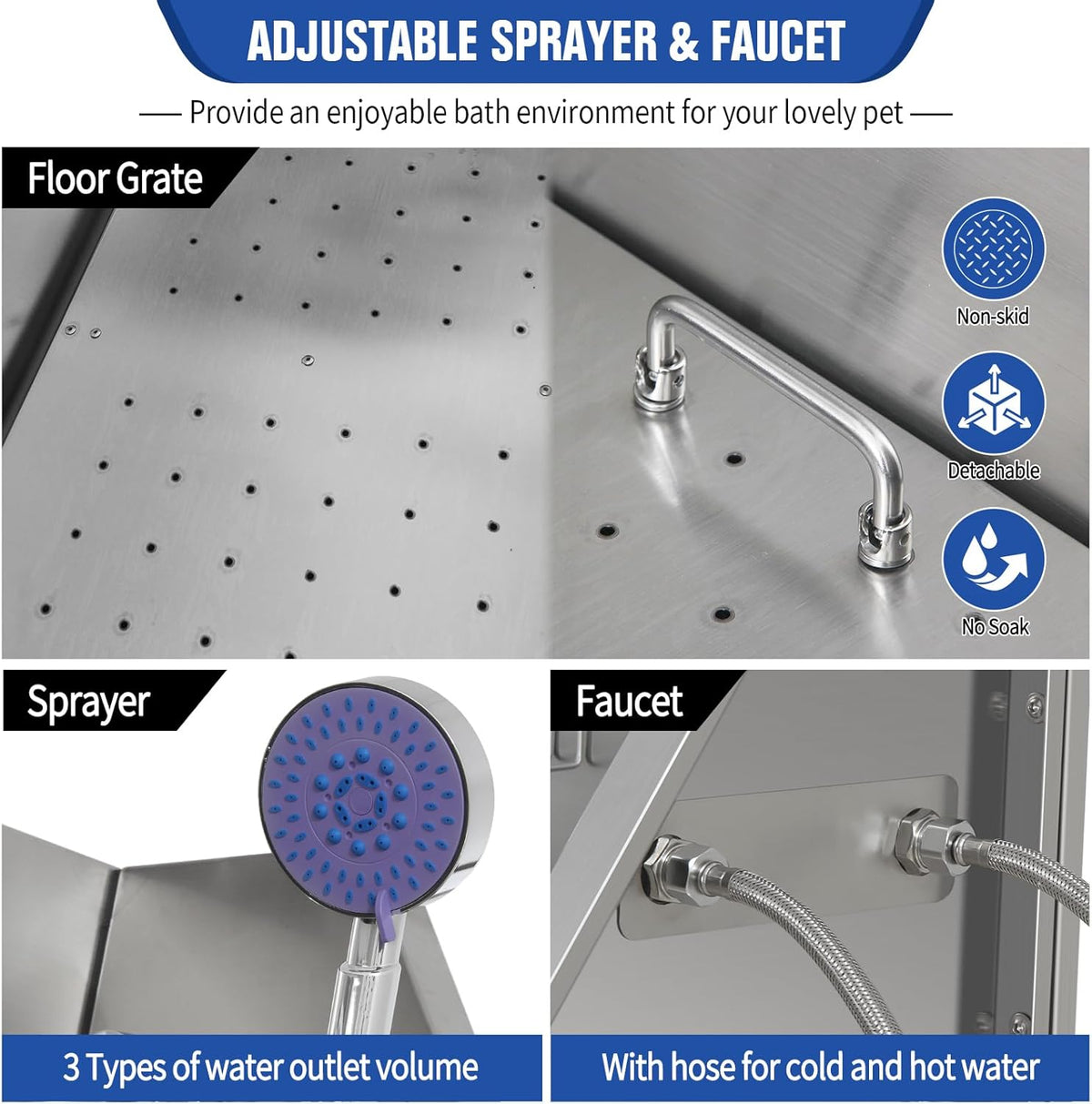 Professional Stainless Steel Dog Bathing Station, Dog Grooming Tub, with Stairs, Floor Grate &