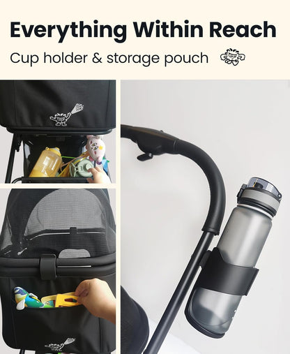 4 Wheels Pet Stroller, Dog Stroller for Small/Medium Dogs and Cats up to 33 lbs, One-Click Fold &