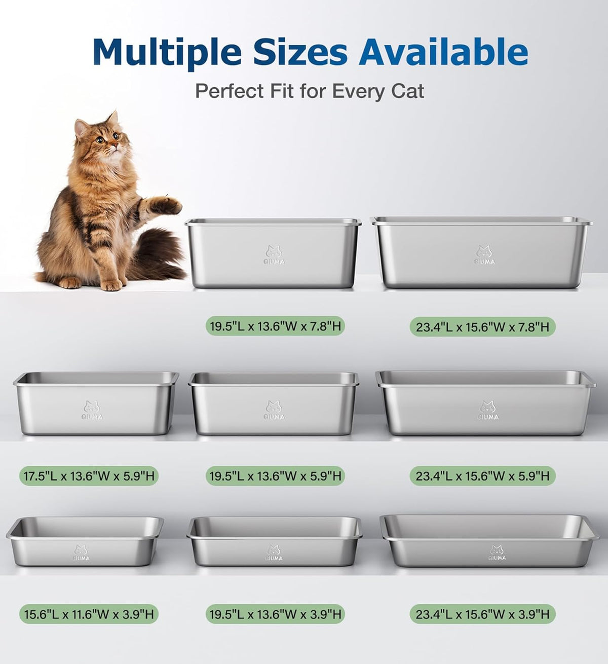 2 Packs Stainless Steel Cat Litter Box, 17.5" L×13.6" W×5.9" H, Metal Kitty Litter Box with High