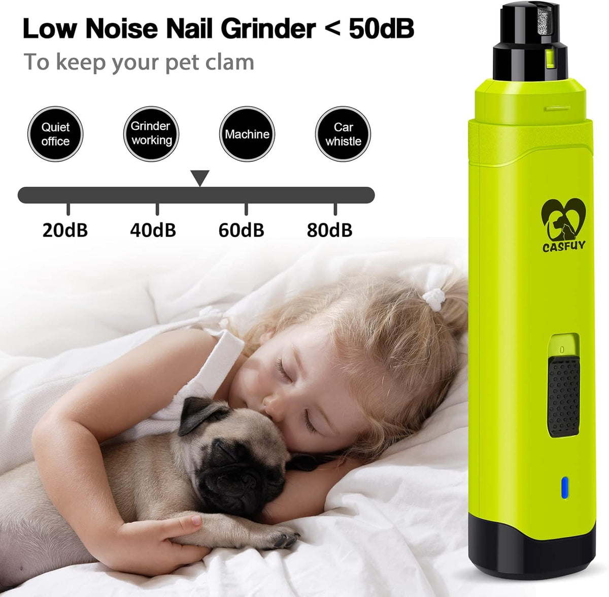 Casfuy Dog Nail Grinder Upgraded - Professional 2-Speed Electric Rechargeable Pet Nail Trimmer
