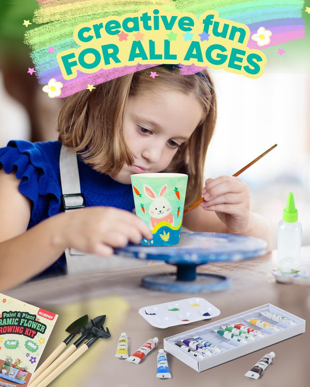 RGBDOT Kids Gardening Set Paint and Plant Stoneware Flower Gardening Kit with 4 Pots Arts and