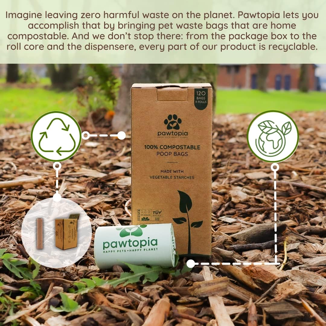 Pawtria Certified Home Compostable Dog Poop Bags (120) + Paper Dispenser, Biodegradable Poop Bags
