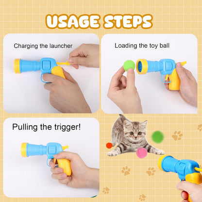 50Pcs Cat Toys Pom Pom Balls with 1 Launcher Set, Interactive Cat Toy Stuff for Indoor Both Adult &