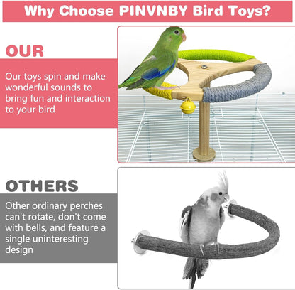 PINVNBY Hanging Bird Stand Perch Toy Wooden Spinning Parrot Perch with Cotton Rope and Bell