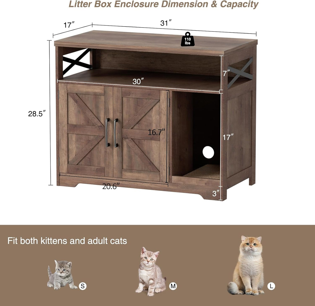 Cat Litter Box Enclosure, Hidden Litter Box Furniture with Scratch Pad, Farmhouse Indoor Cat House