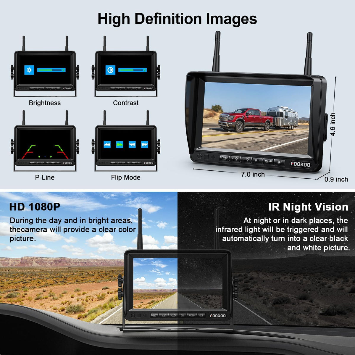 Fookoo HD 1080P 7-inch Wireless Backup Camera, 7" Split Screen Monitor + Rear View Licence Plate