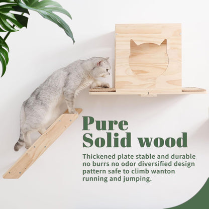 Cat Wall Shelves Set – Wall Mounted Cat Furniture with House, Sisal Mat, Scratching Posts & Perches