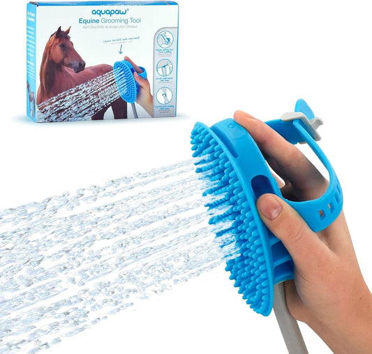 Aquapaw 5-in-1 Horse & Dog Bath Brush & Curry Comb - XL Blue Silicone - Includes 3-ft Shower Hose
