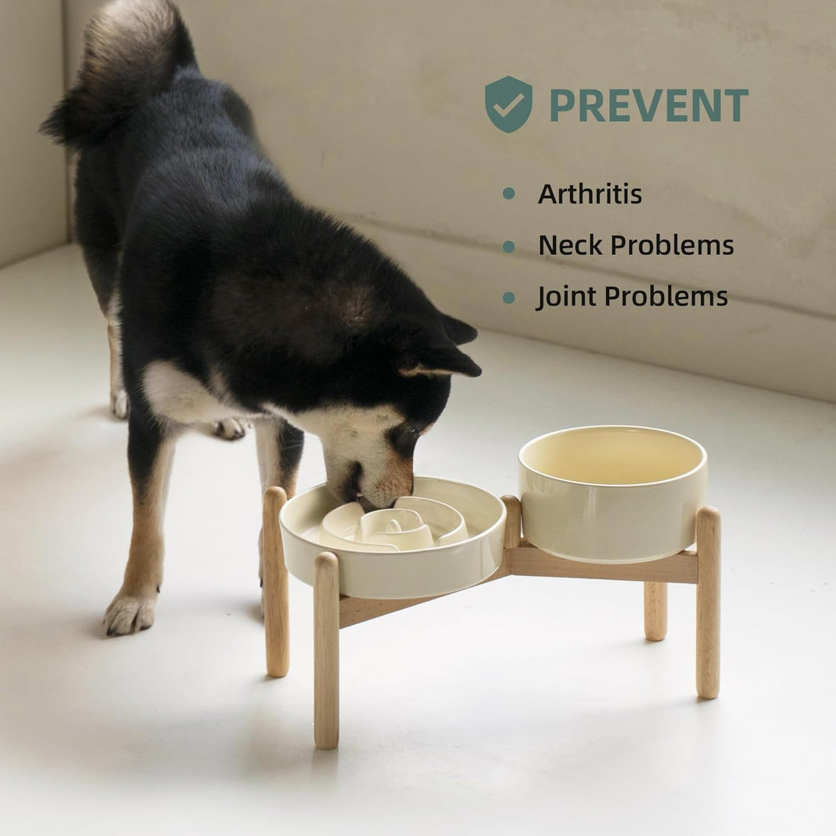 Ceramic Raised Slow Feeder Dog Bowl Set, Elevated 6.1inch Bowl and 7.3inch Puzzle Slow Food Dish