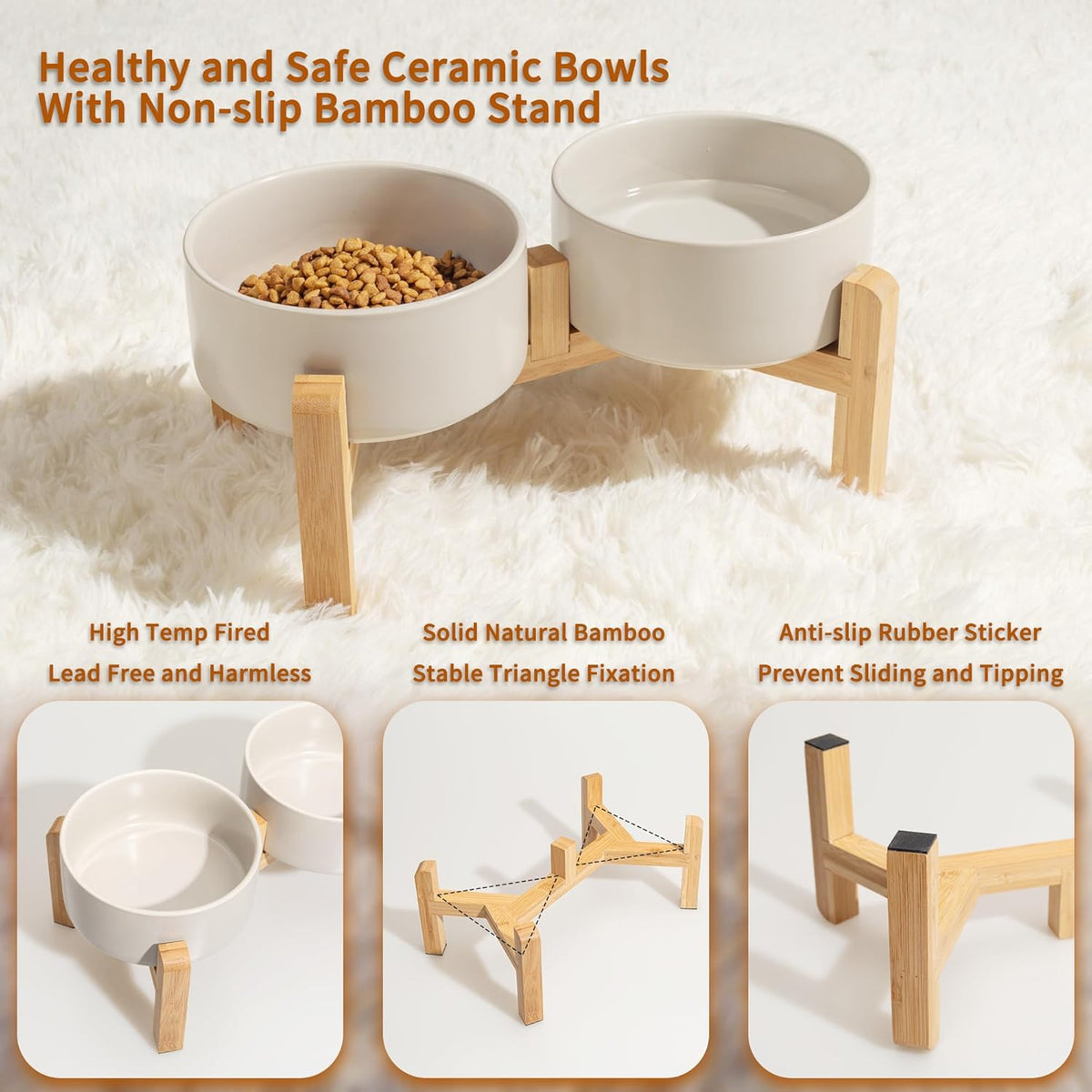 Elevated Ceramic Dog Bowl Set - Raised Dog Bowls with Non-Slip Bamboo Stand - Dog Food and Water