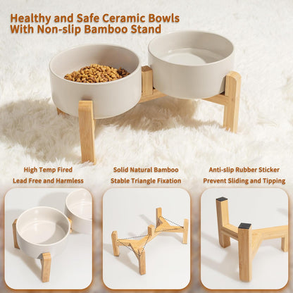 Elevated Ceramic Dog Bowl Set - Raised Dog Bowls with Non-Slip Bamboo Stand - Dog Food and Water