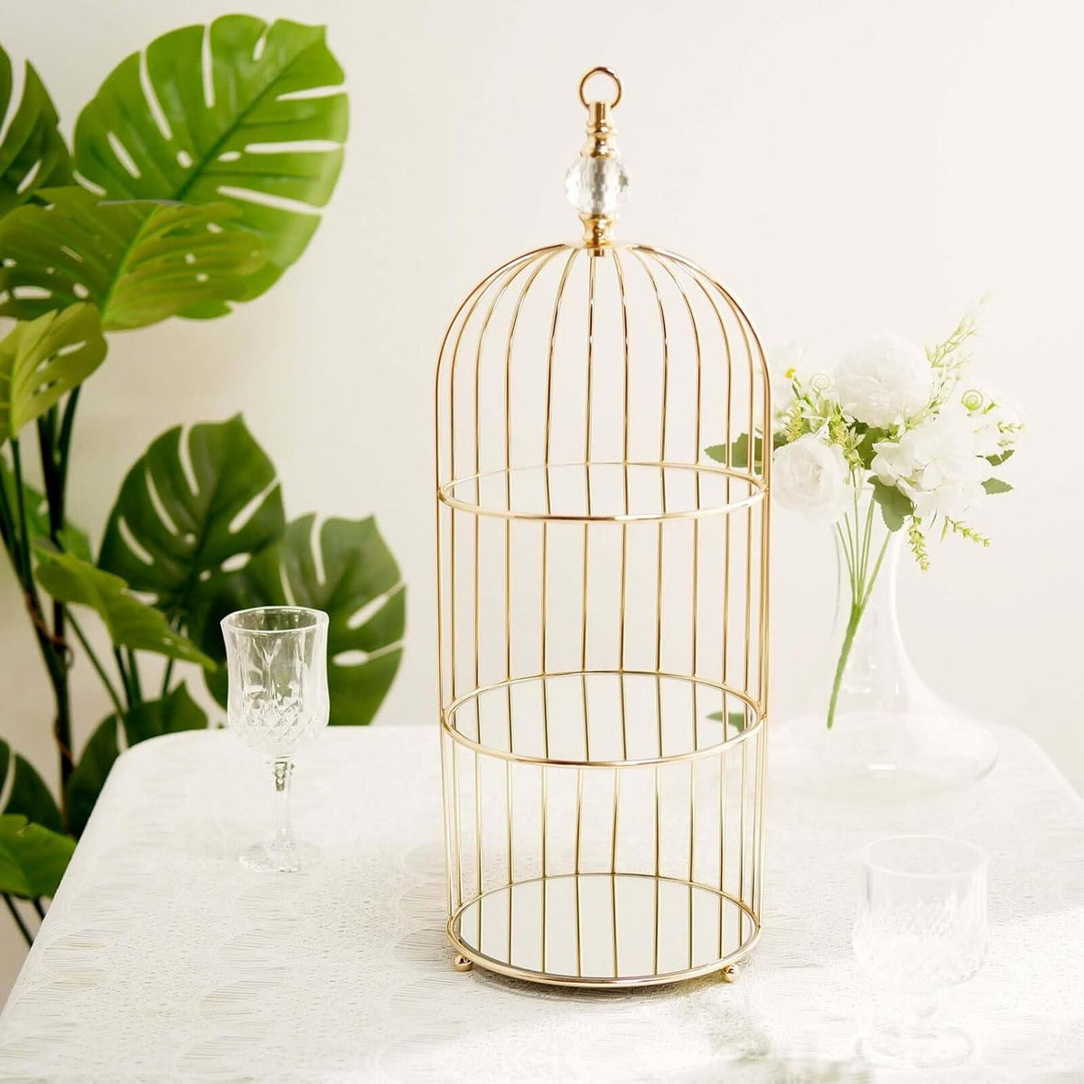 Efavormart 22" - 3 Tier Crystal Mirror Top Gold Metal Bird Cage Cupcake Cake Stand, Dessert Display