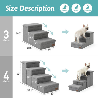 Dog Stairs with Storage, 4-Step Wider Sturdy Dog Steps for Small/Medium/Large Dogs and Older Cats