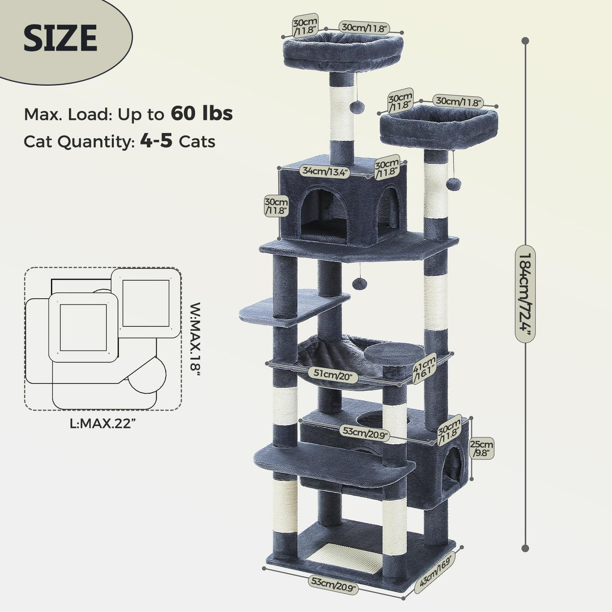 PAWZ Road Large Cat Tree, 72 Inches Cat Tower for Large Cats, Cat Condo with Sisal-Covered