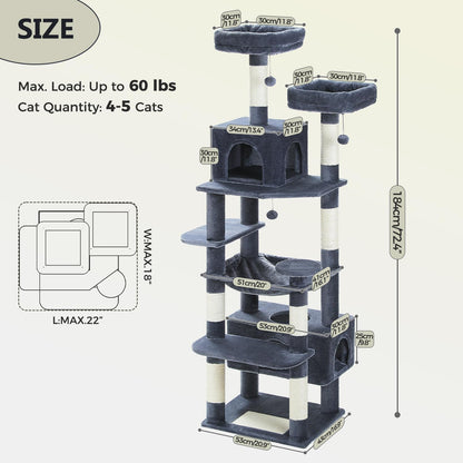 PAWZ Road Large Cat Tree, 72 Inches Cat Tower for Large Cats, Cat Condo with Sisal-Covered