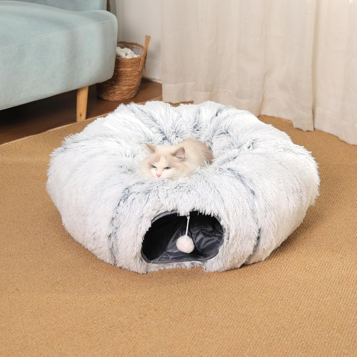 Cat Tunnel with Cat Bed for Indoor Cats, Soft Plush Peekaboo Cat Cave Donut Tunnel, Multifunctional