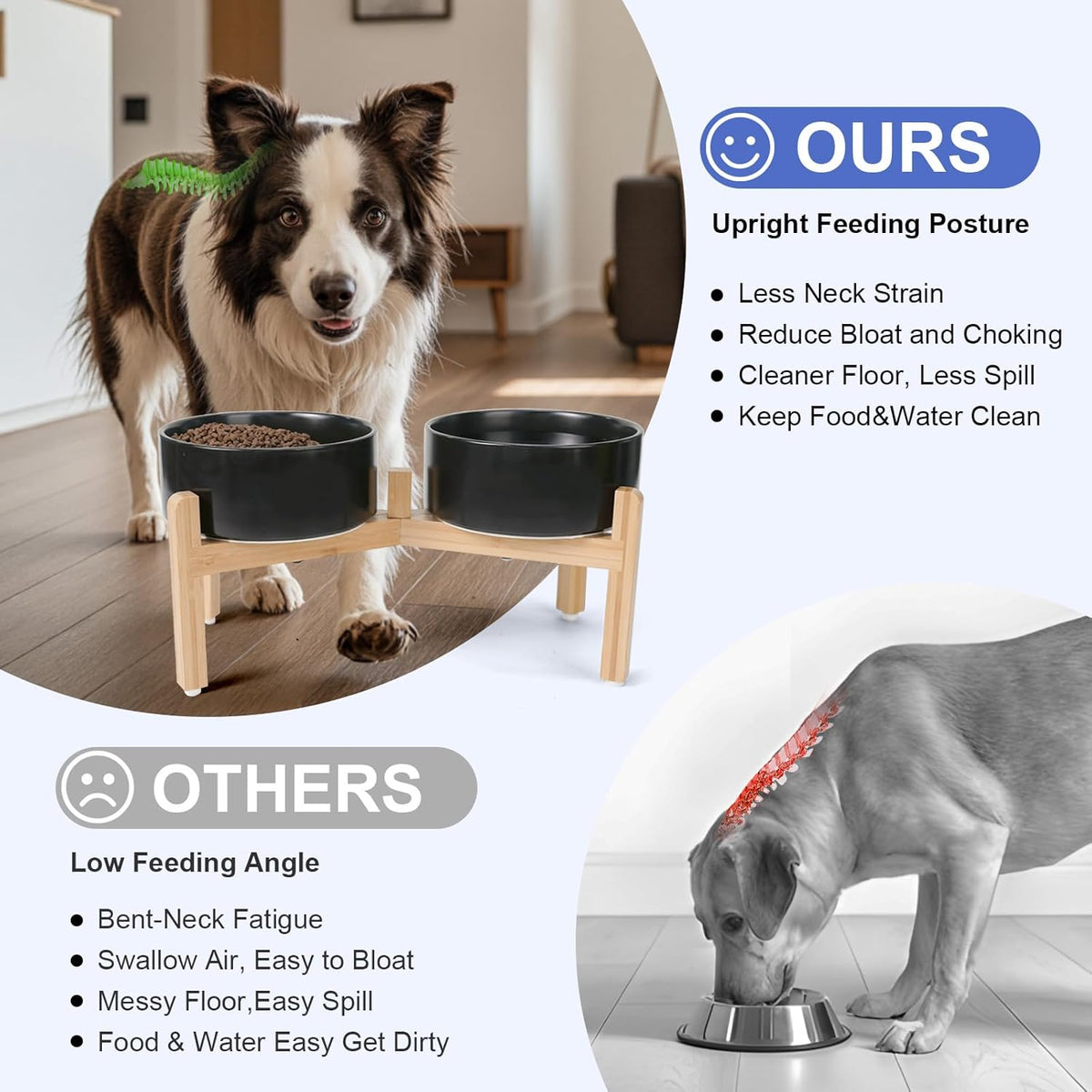 SPUNKYJUNKY Elevated Dog Bowls Ceramic, 7.3'' Dogs Food Water Bowls Raised with Non-Slip Bamboo