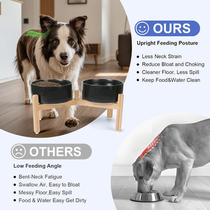 SPUNKYJUNKY Elevated Dog Bowls Ceramic, 7.3'' Dogs Food Water Bowls Raised with Non-Slip Bamboo