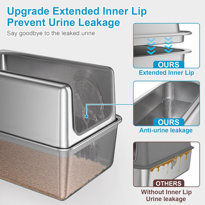 16'' High Sides XXXL All Stainless Steel Cat Litter Box with Lid,8'' Deep Metal Litter Box for Big