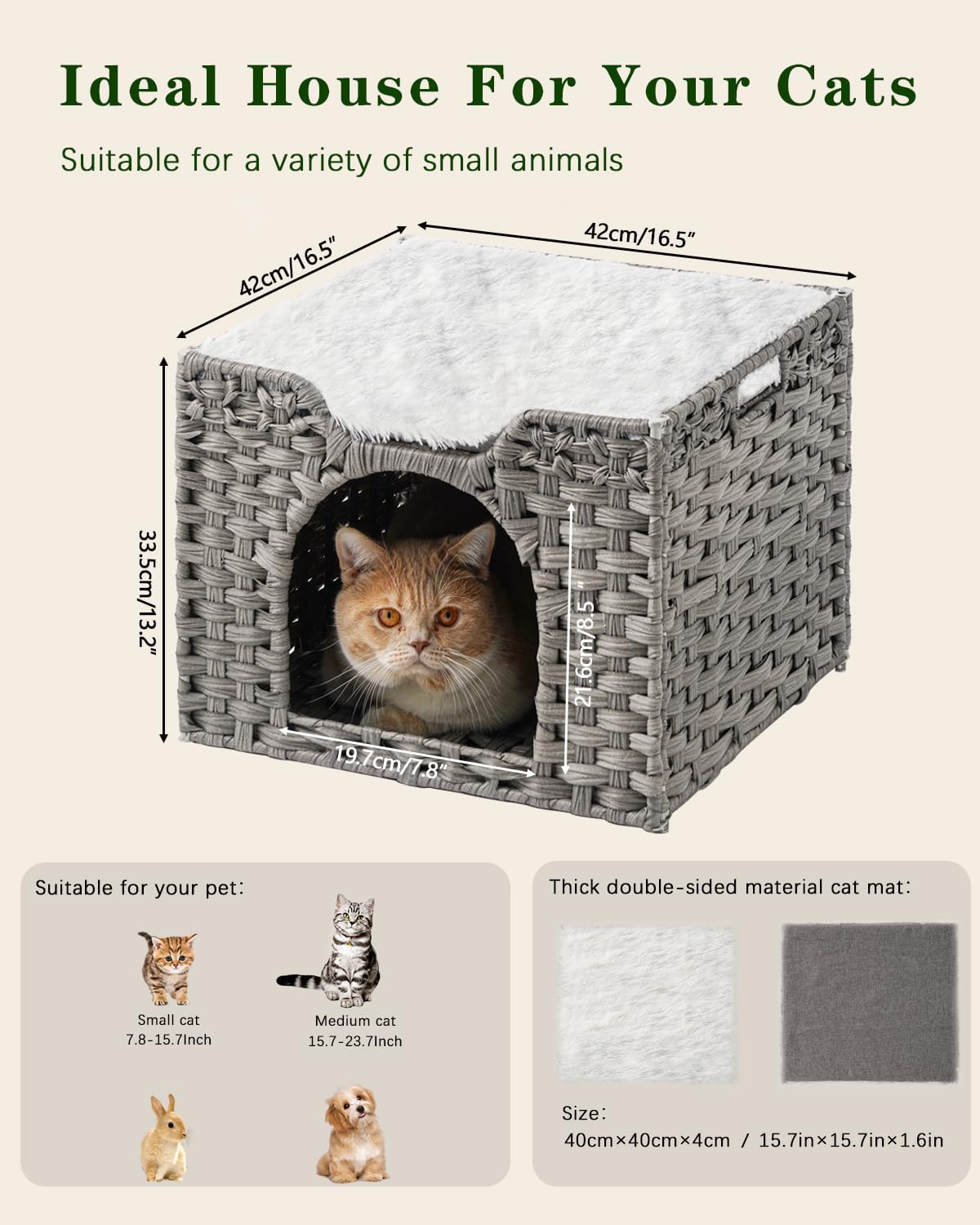 Cat Beds Indoor Kitten House, Handwoven Rattan Cat Cave Pet Cube, Large Cat Houses, One Bed Mat