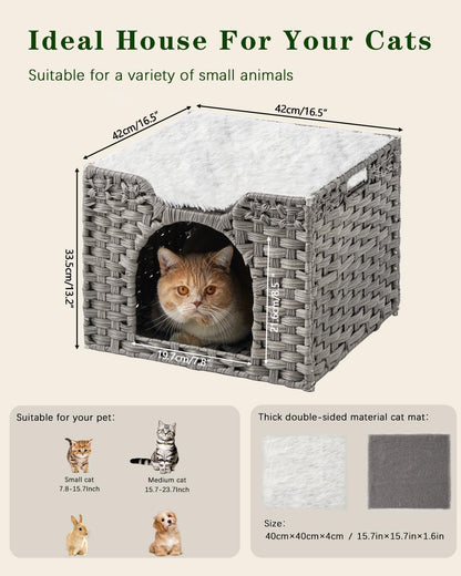 Cat Beds Indoor Kitten House, Handwoven Rattan Cat Cave Pet Cube, Large Cat Houses, One Bed Mat