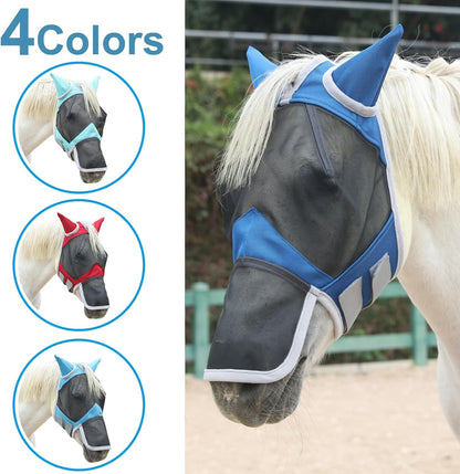 Horse Fly Mask with Ears & Long Nose Cover | Forelock Opening for Tangle-Free Mane Care | UV