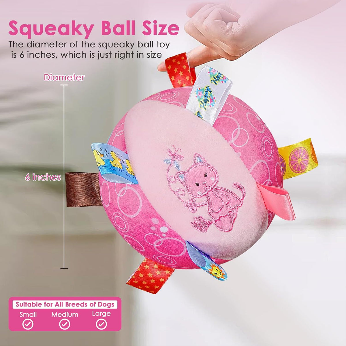 Dog Squeaky Plush Toy with Straps, 6-Inch Soft Stuffed Ball with Cotton Material and Bell Built-in