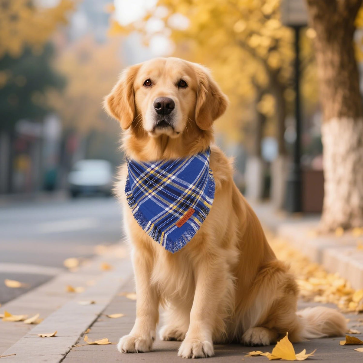 ADOGGYGO Dog Bandanas Boy with Tassels Edges, Stylish Blue Plaid Pet Scarf, Soft Cotton Fabric