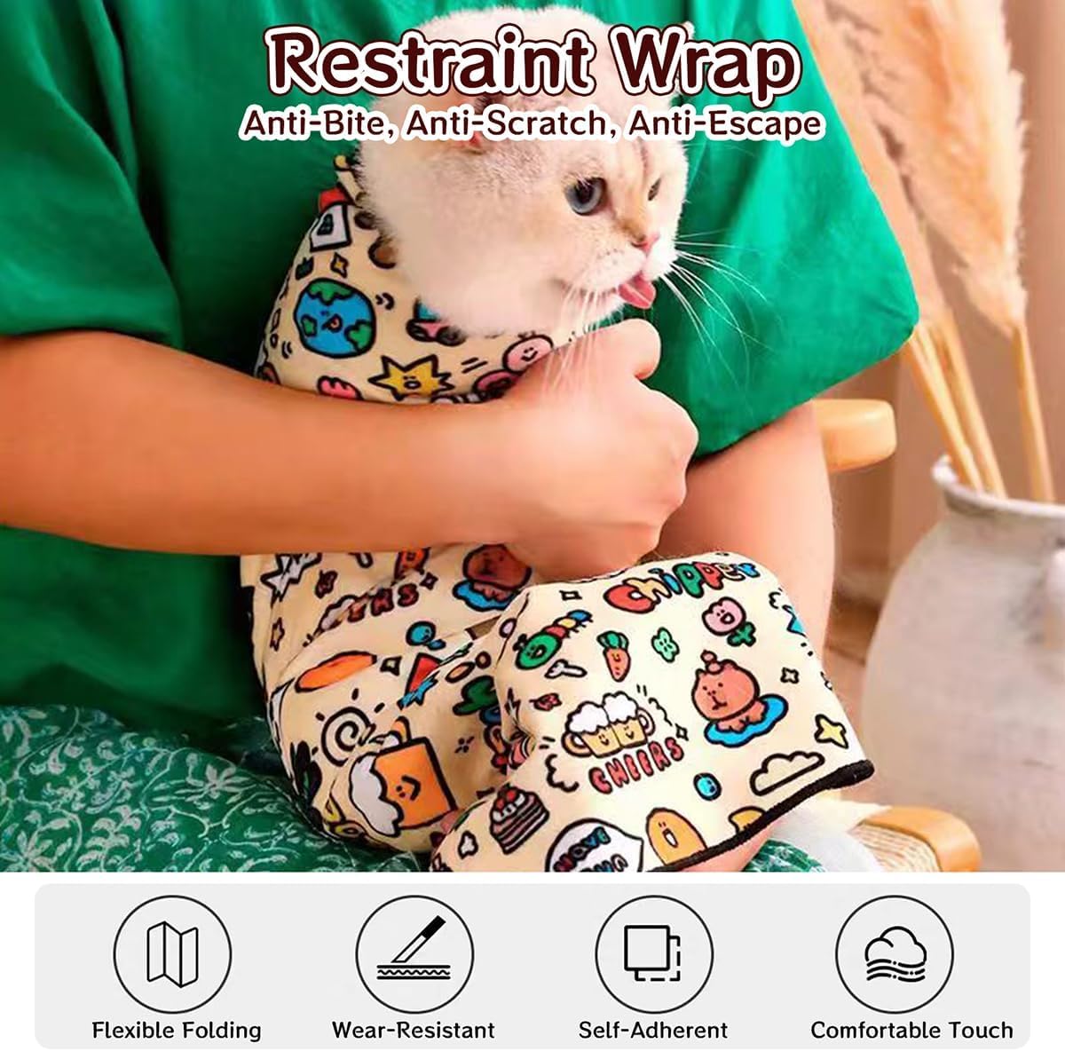 MANON ROSA Cat Grooming Wrap – Self-Adherent Anti-Scratch Swaddle Restraint Bag for Nail Cutting