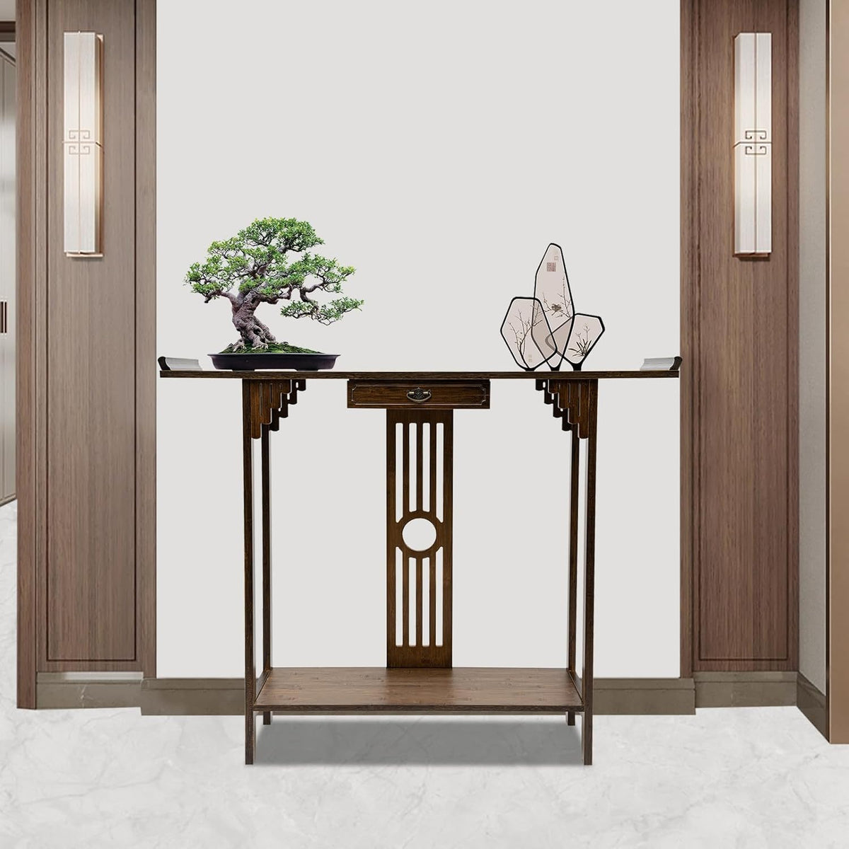 Console Table with Storage Shelves, 2 Tiers L 40.1” Narrow Sofa Table with Drawers, Bamboo Entryway
